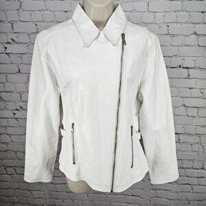 Aria White Genuine Leather Coated Biker Moto Full Zip Point Collared Jacket XL